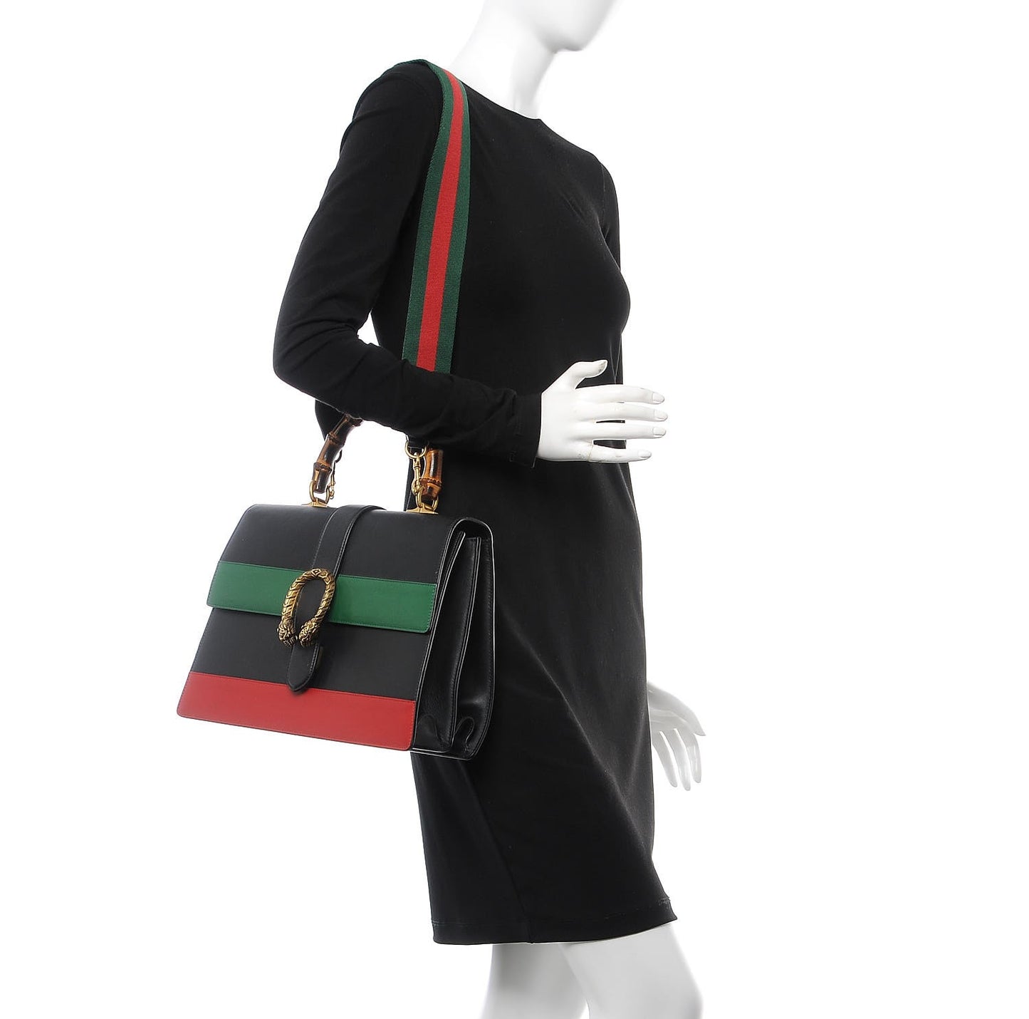 Calfskin Bamboo Web Large Dionysus Top Handle Bag Black Bright Evergreen Hibiscus Red