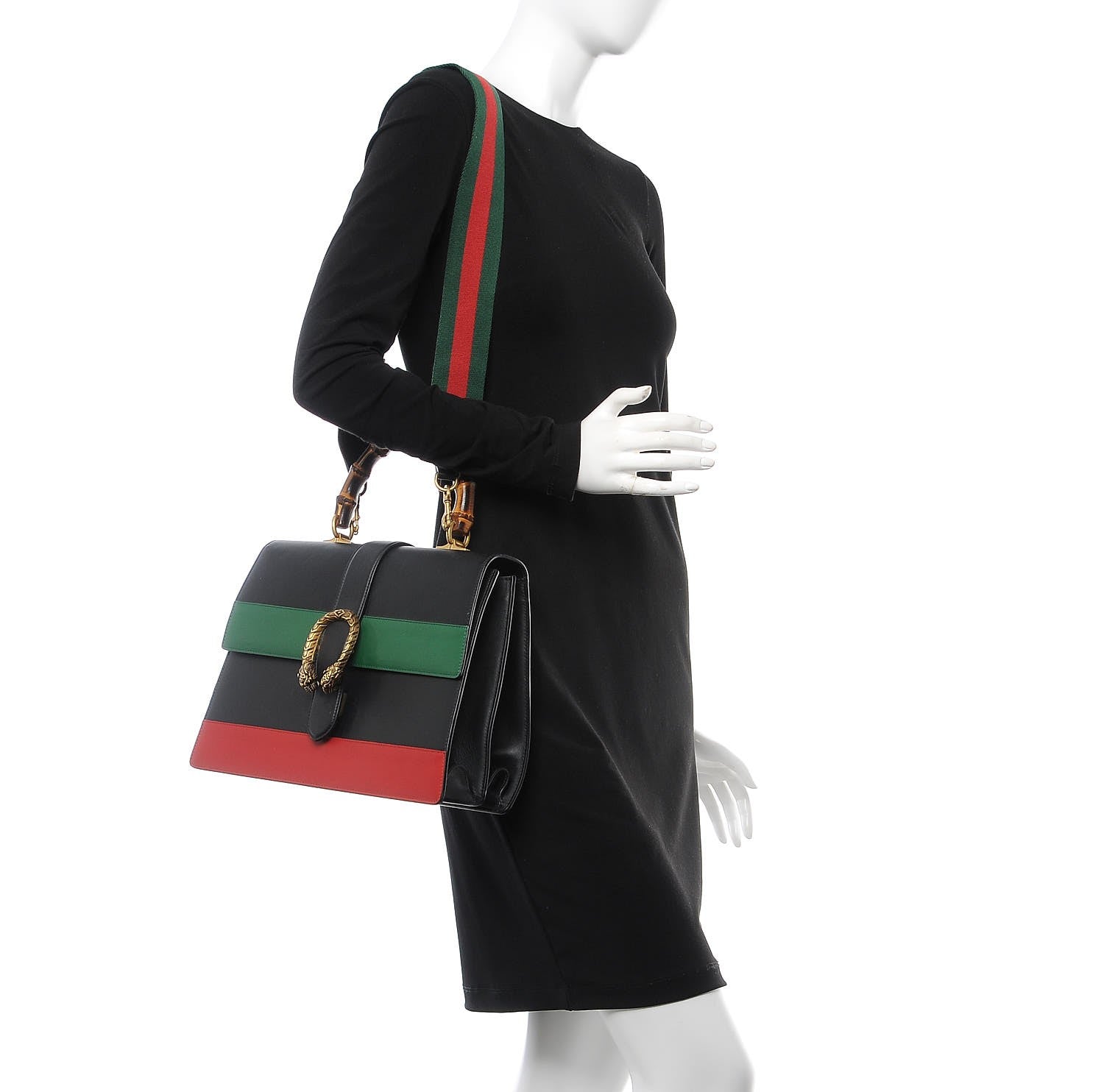 Gucci Calfskin Bamboo Web Large Dionysus Top Handle Bag Black Bright Evergreen Hibiscus Red 2 of 12