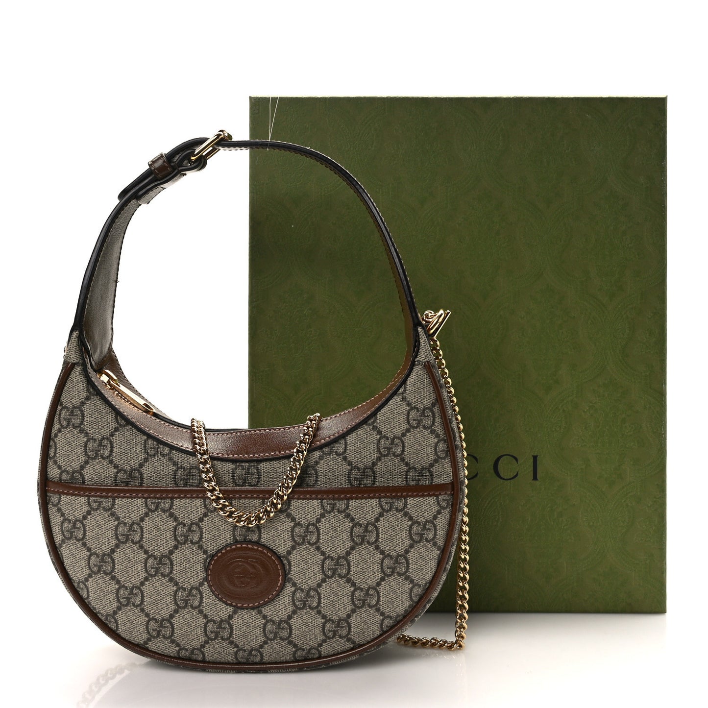 GG Supreme Monogram Azalea Calfskin Mini Retro Interlocking G Half Moon Bag Beige Ebony Brown Sugar