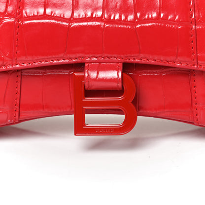 Balenciaga Shiny Calfskin Tonal B Crocodile Embossed Hourglass Top Handle Bag XS Bright Red 7 of 9