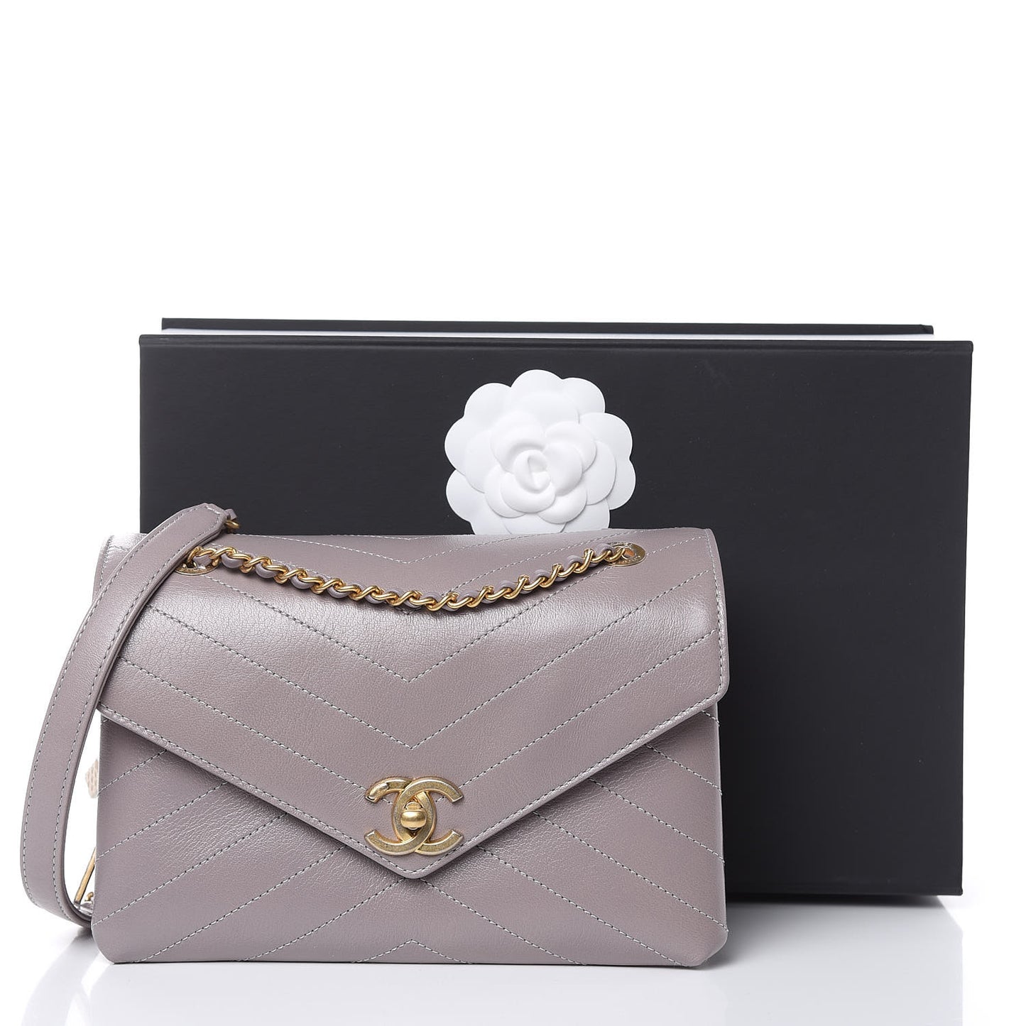 Lambskin Chevron Stitched Envelope Flap Light Grey