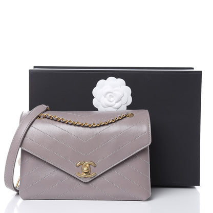 Chanel Lambskin Chevron Stitched Envelope Flap Light Grey 10 of 16