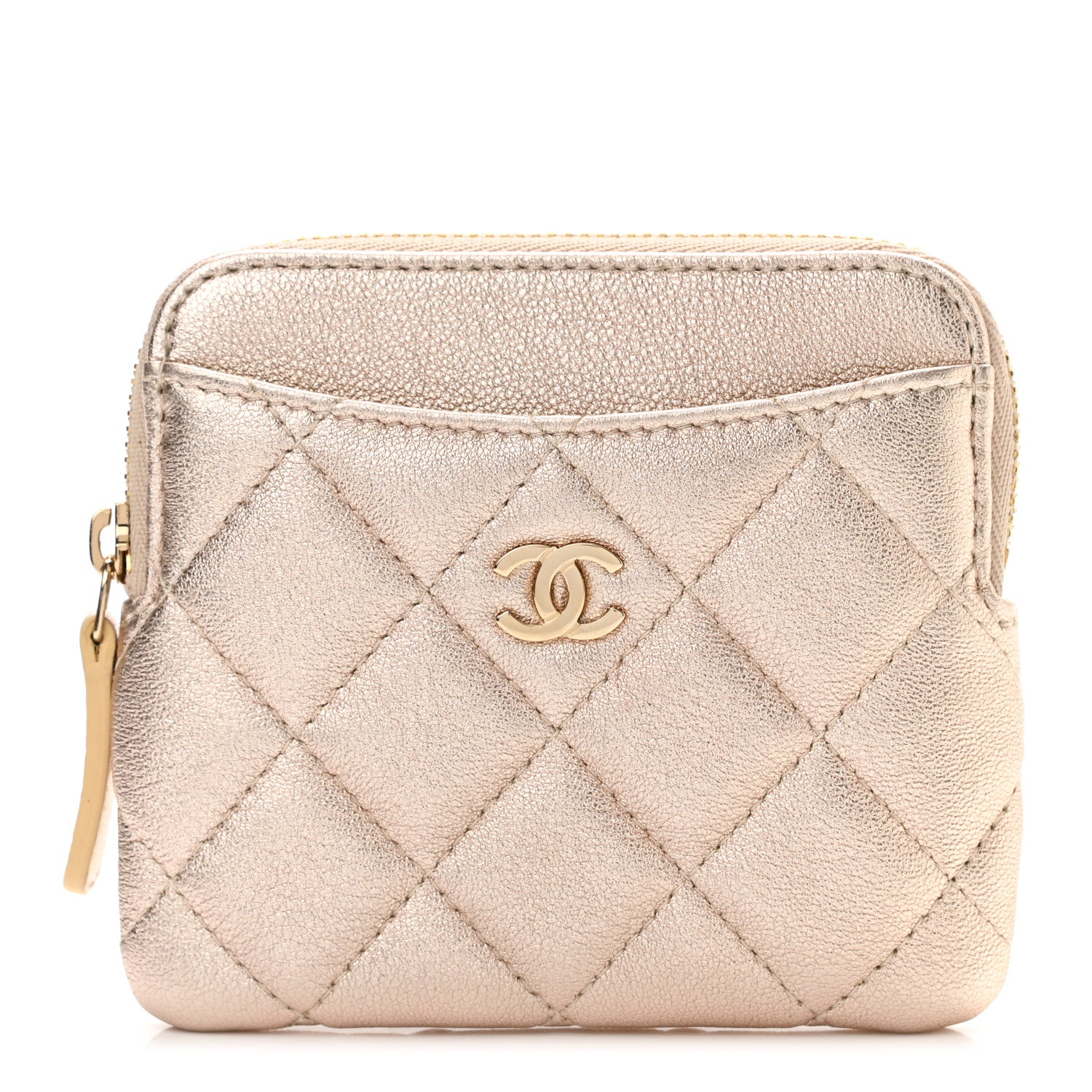 Chanel Metallic Lambskin Quilted Zip Card Holder Wallet Gold 1 of 8