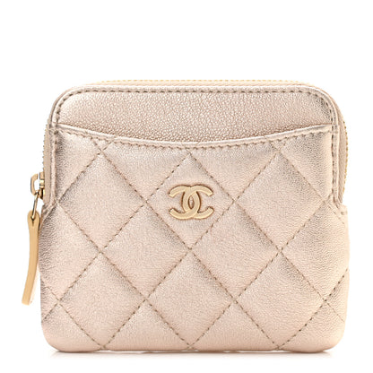 Chanel Metallic Lambskin Quilted Zip Card Holder Wallet Gold 1 of 8