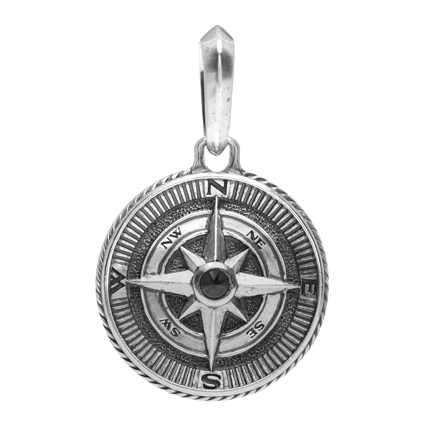 Sterling Silver Black Diamond Maritime Compass Enhancer Pendant