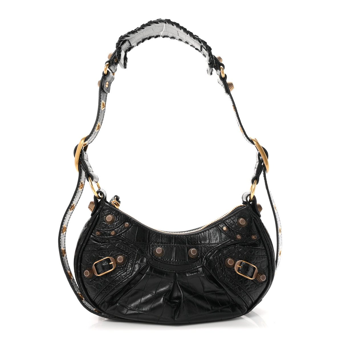 Extra Supple Calfskin Crocodile Embossed Le Cagole Shoulder Bag XS Black