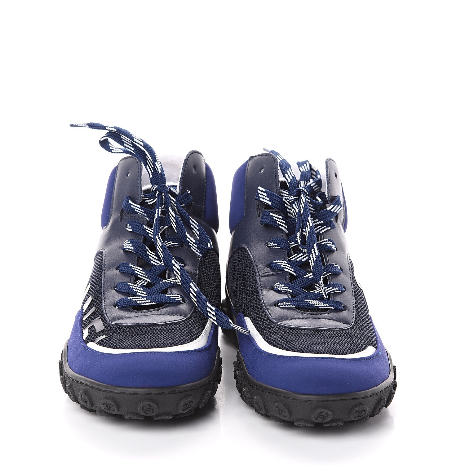 Chanel Calfskin Mesh Lycra Womens Logo High Top Sneakers 37 Navy 2 of 7