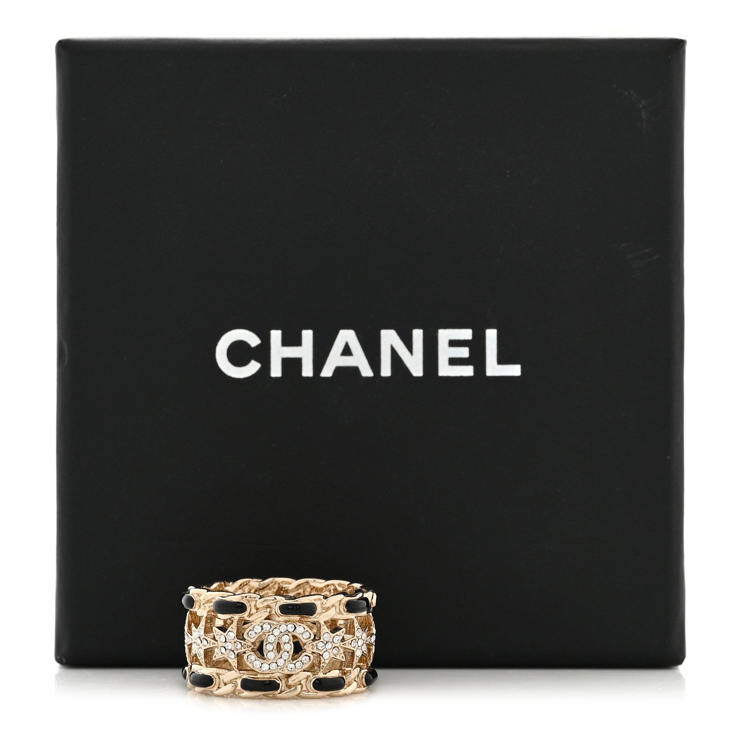Chanel Metal Crystal Star CC Ring 54 6.75 Gold Black 5 of 5
