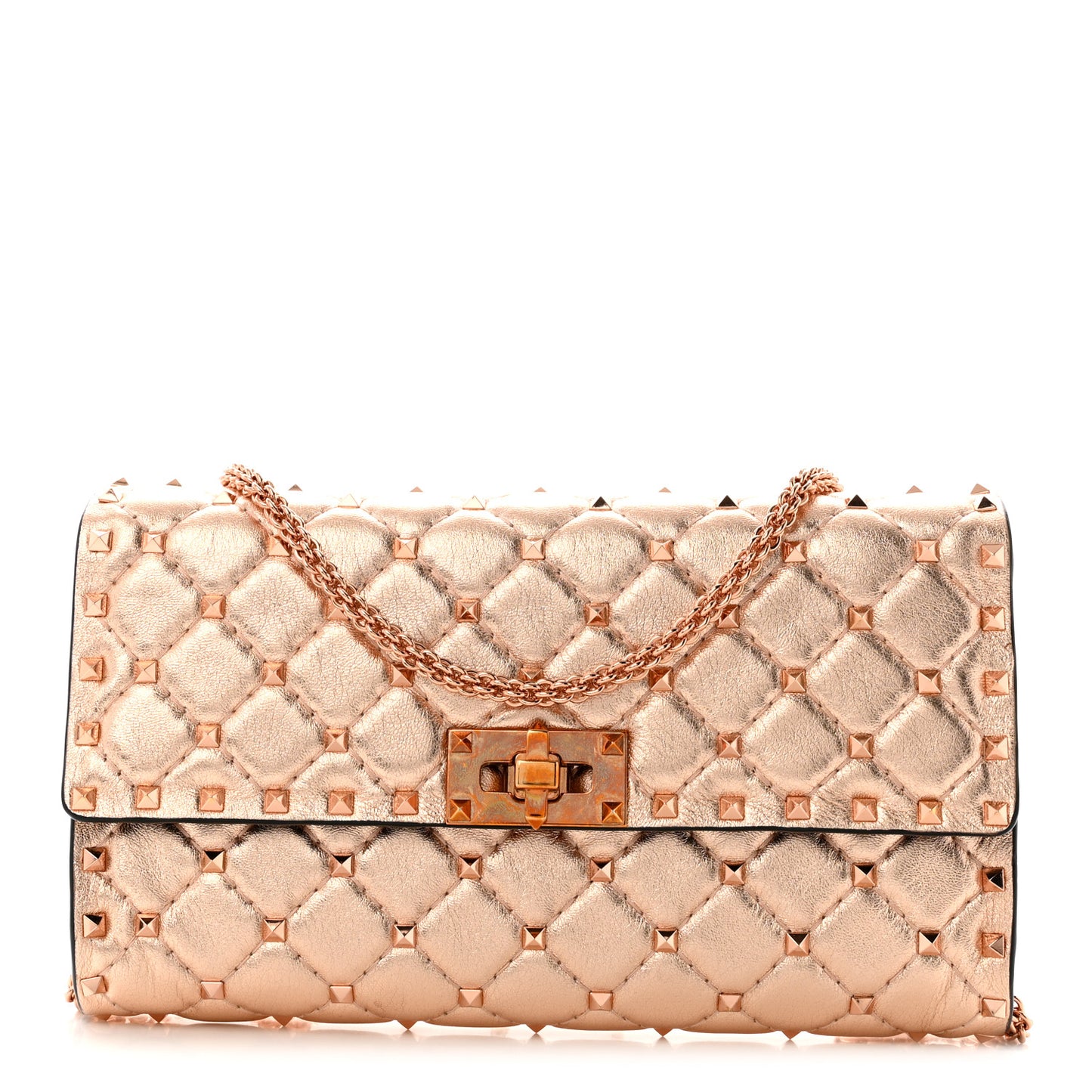 Metallic Lambskin Rockstud Spike Wallet on Chain Rame