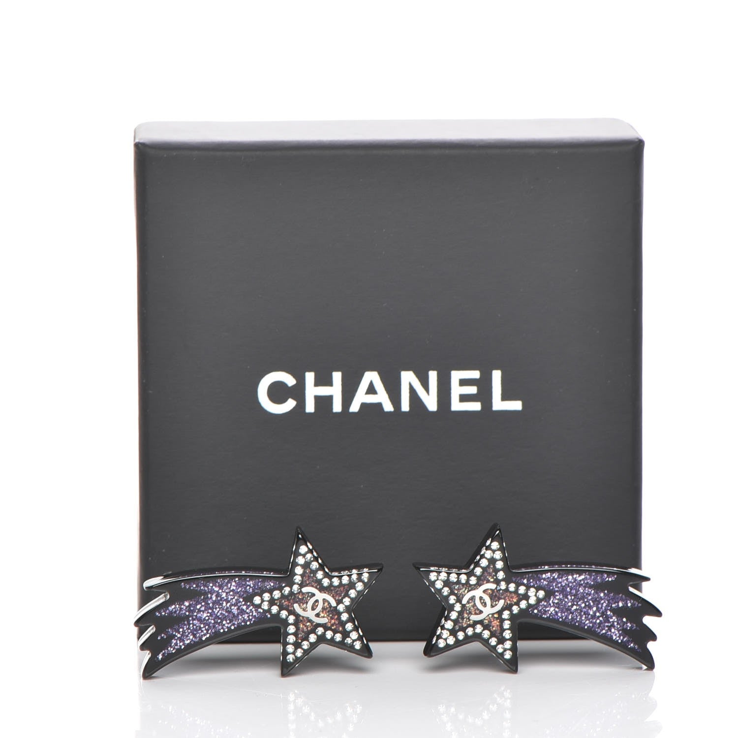Chanel Resin Crystal CC Shooting Star Earrings Silver Purple 6 of 6