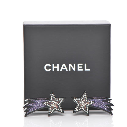Chanel Resin Crystal CC Shooting Star Earrings Silver Purple 6 of 6