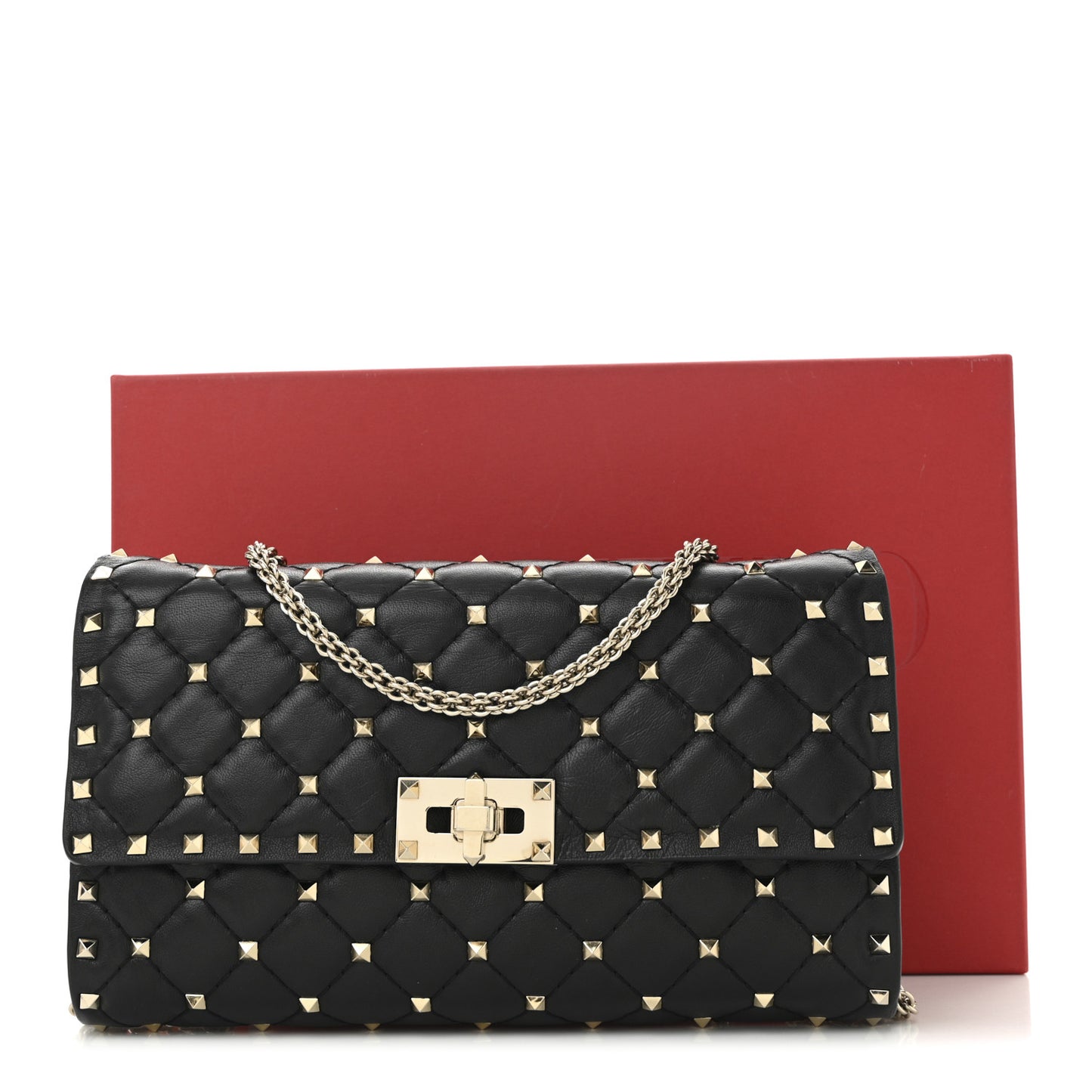 Lambskin Rockstud Spike Wallet on Chain Black