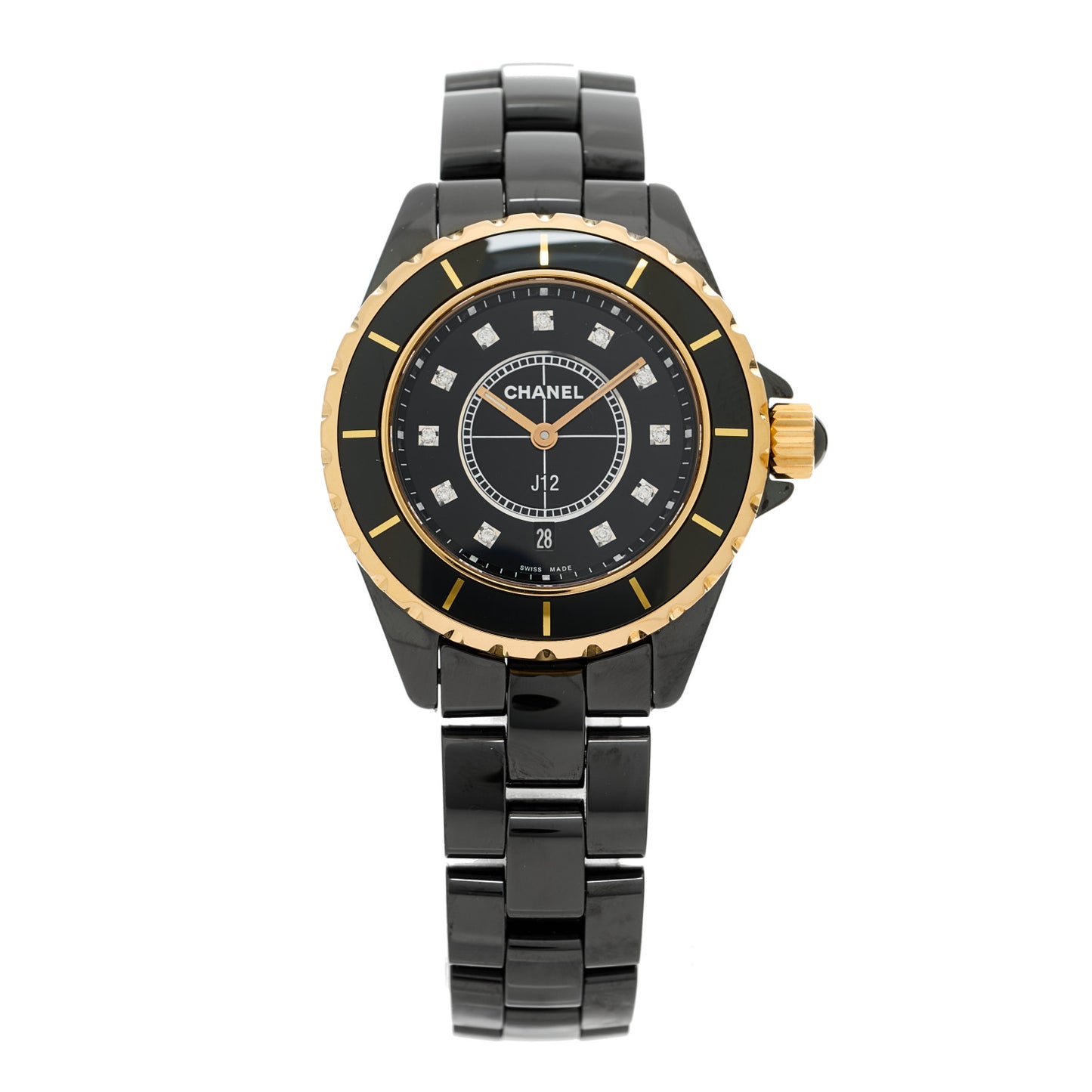 Stainless Steel 18K Yellow Gold Ceramic Diamond 33mm J12 Quartz Watch Black