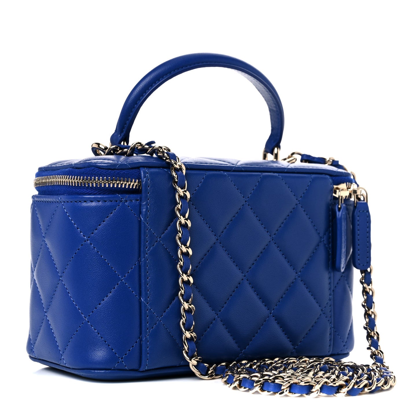Lambskin Quilted Small Top Handle Vanity Case With Chain Blue