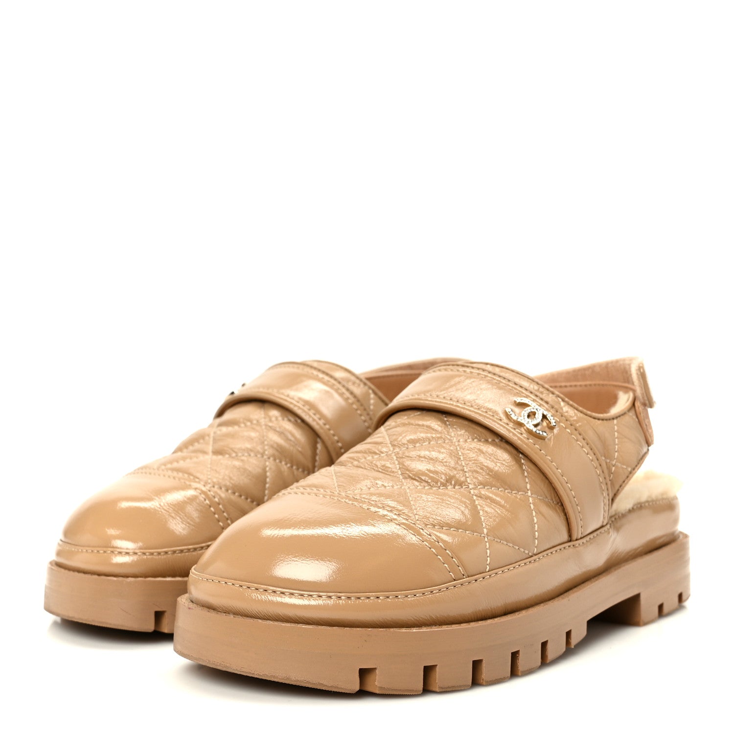 Chanel Crumpled Shiny Lambskin Shearling Quilted CC Slingback Mule