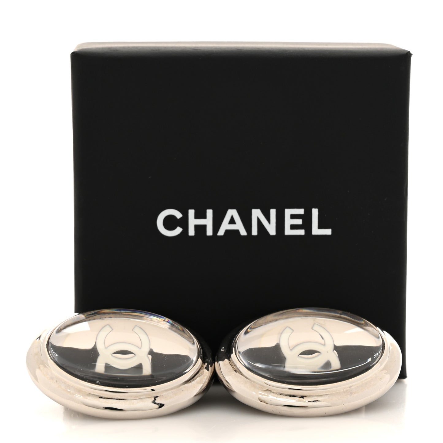 Metal Enamel CC Clip On Earrings Silver White
