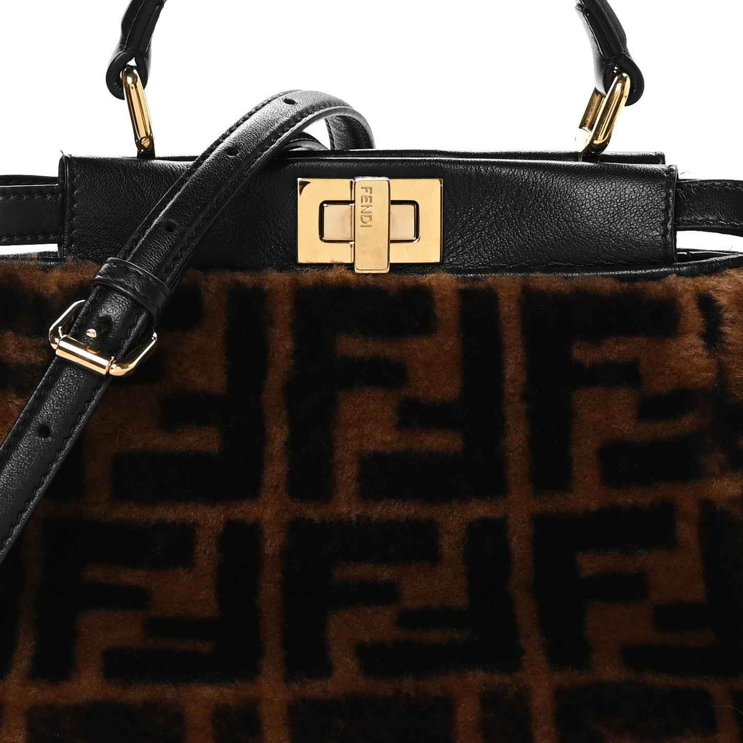 Shearling Nappa Macro FF 1974 Mini Peekaboo Iconic Satchel Tobacco Black
