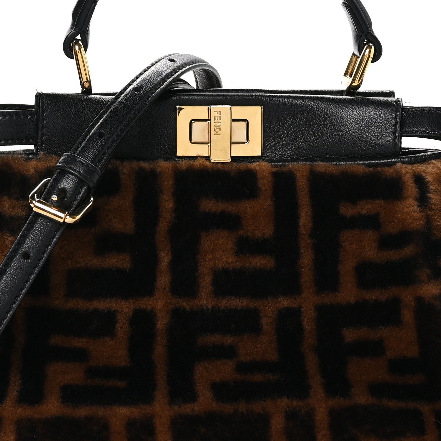 Fendi Shearling Nappa Macro FF 1974 Mini Peekaboo Iconic Satchel Tobacco Black 8 of 10