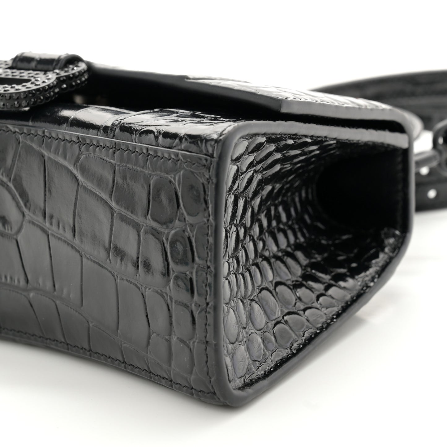 Shiny Calfskin Strass Monochrome Crocodile Embossed Hourglass Top Handle Bag XS Black