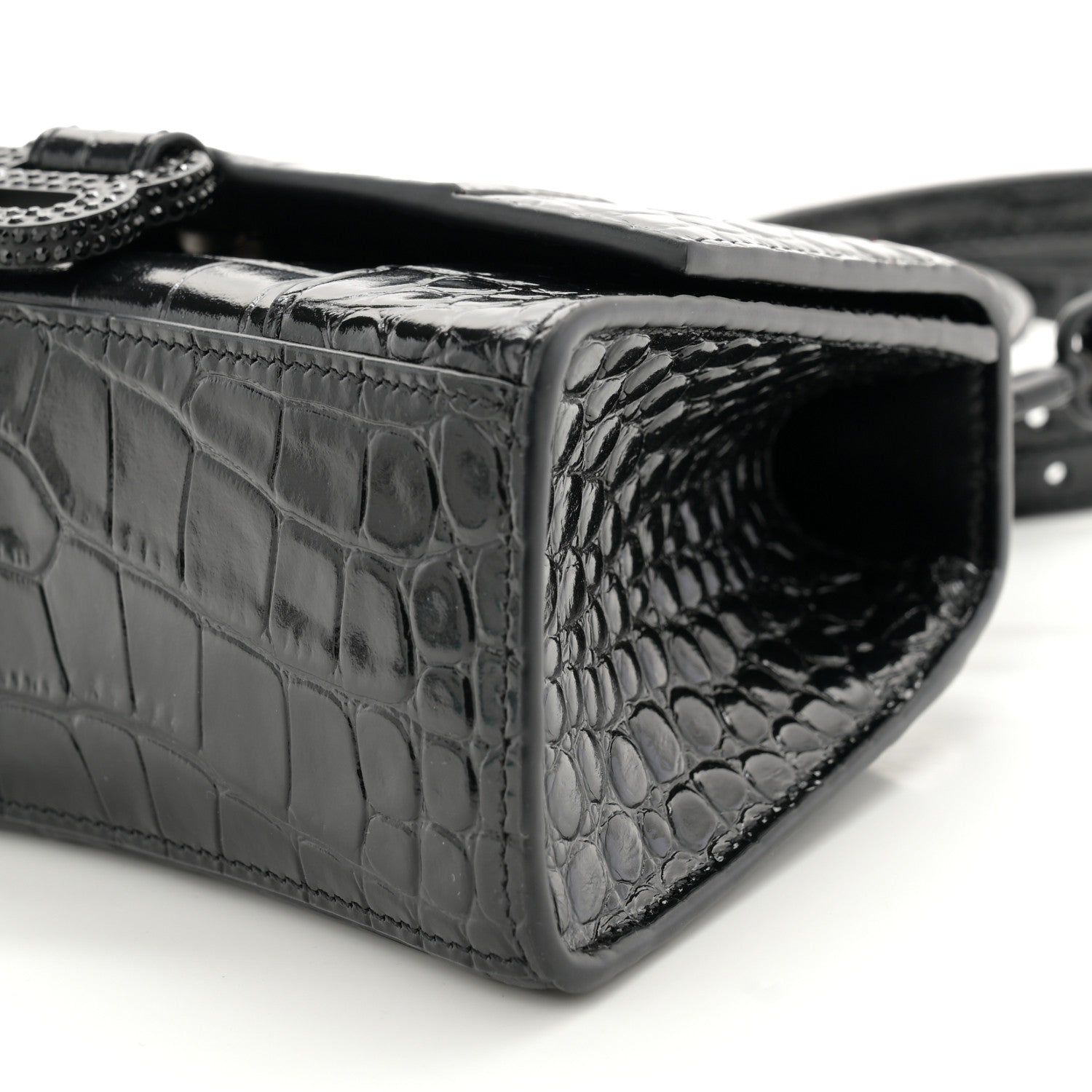Balenciaga Shiny Calfskin Strass Monochrome Crocodile Embossed Hourglass Top Handle Bag XS Black 9 of 9