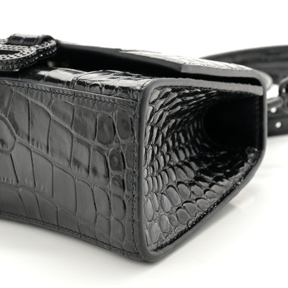 Balenciaga Shiny Calfskin Strass Monochrome Crocodile Embossed Hourglass Top Handle Bag XS Black 9 of 9