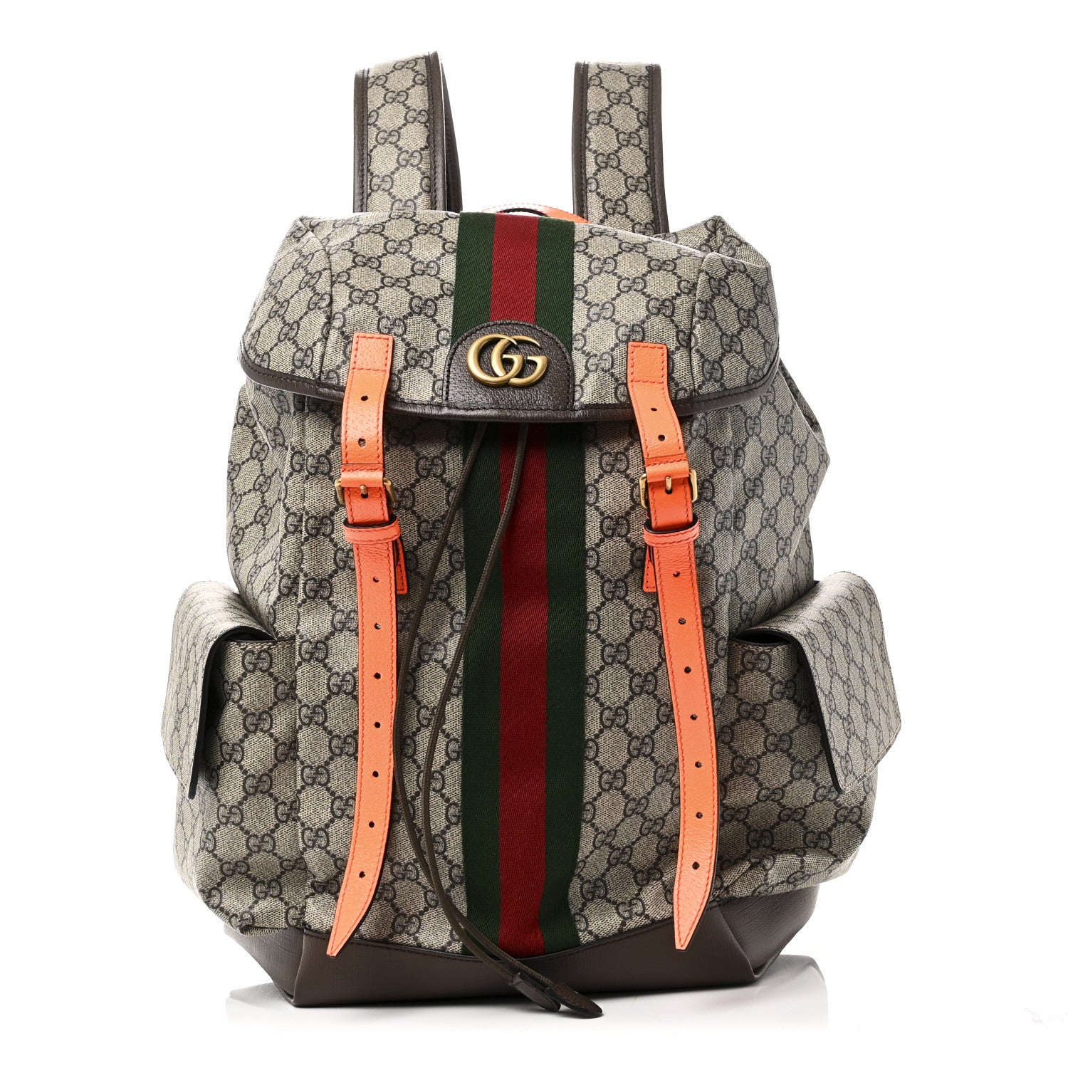 Gucci GG Supreme Monogram Medium Ophidia Double Buckle Backpack Beige Ebony Neon Orange 1 of 9