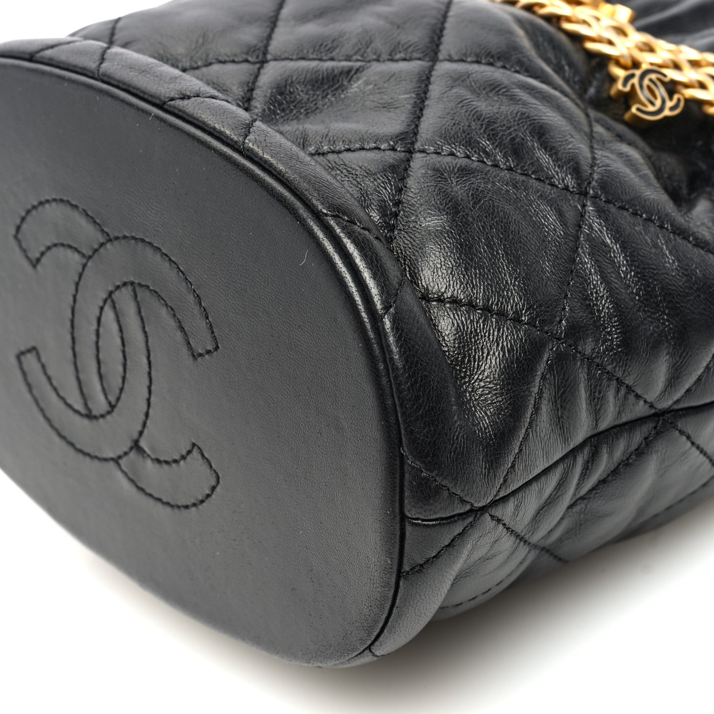 Lambskin Enamel Quilted Pending CC Bucket Drawstring Bag Black