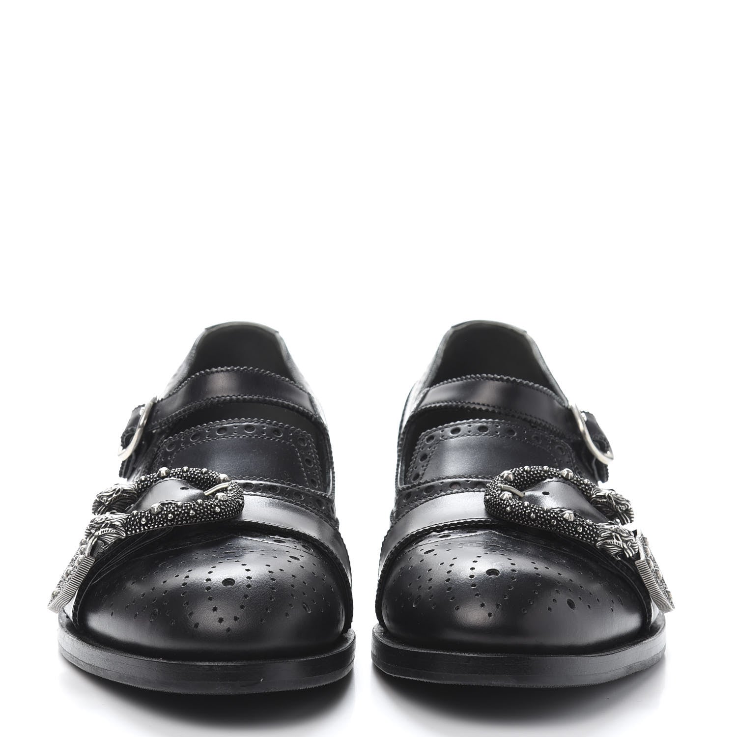 Gucci Calfskin Bee Embroidered Mens Queercore Brogue Wingtip Monk Strap Loafers 9 Black 2 of 10