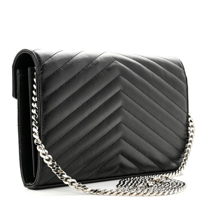 Saint Laurent Grain De Poudre Matelasse Chevron Monogram Chain Wallet Black 3 of 11