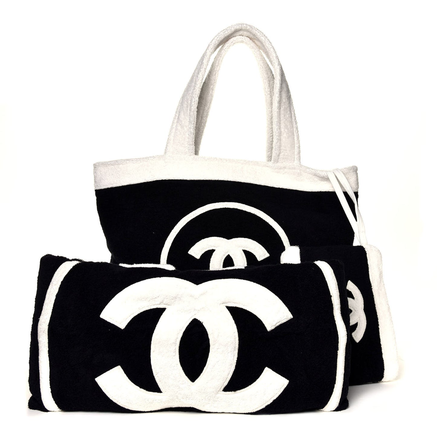 Chanel Terry Cotton CC Beach Tote Towel Set Black White 780083 - Main Image