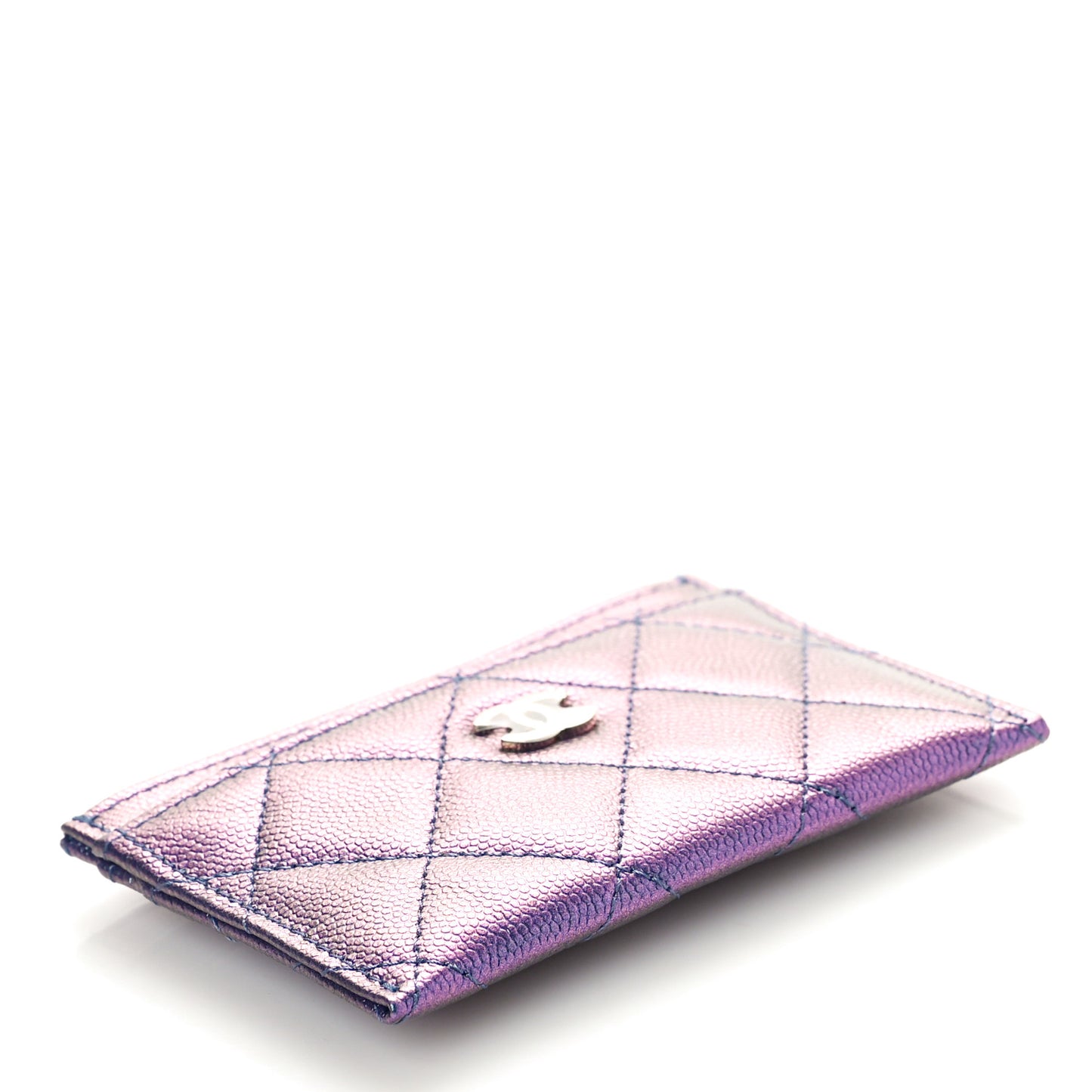 Iridescent Caviar Quilted Card Holder Dark Blue