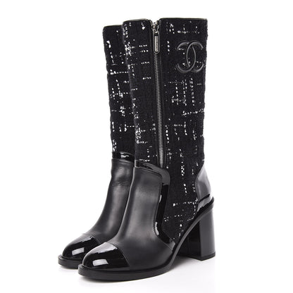 Chanel Tweed Calfskin Patent Cap Toe CC High Boots 39 Black Navy White 3 of 13