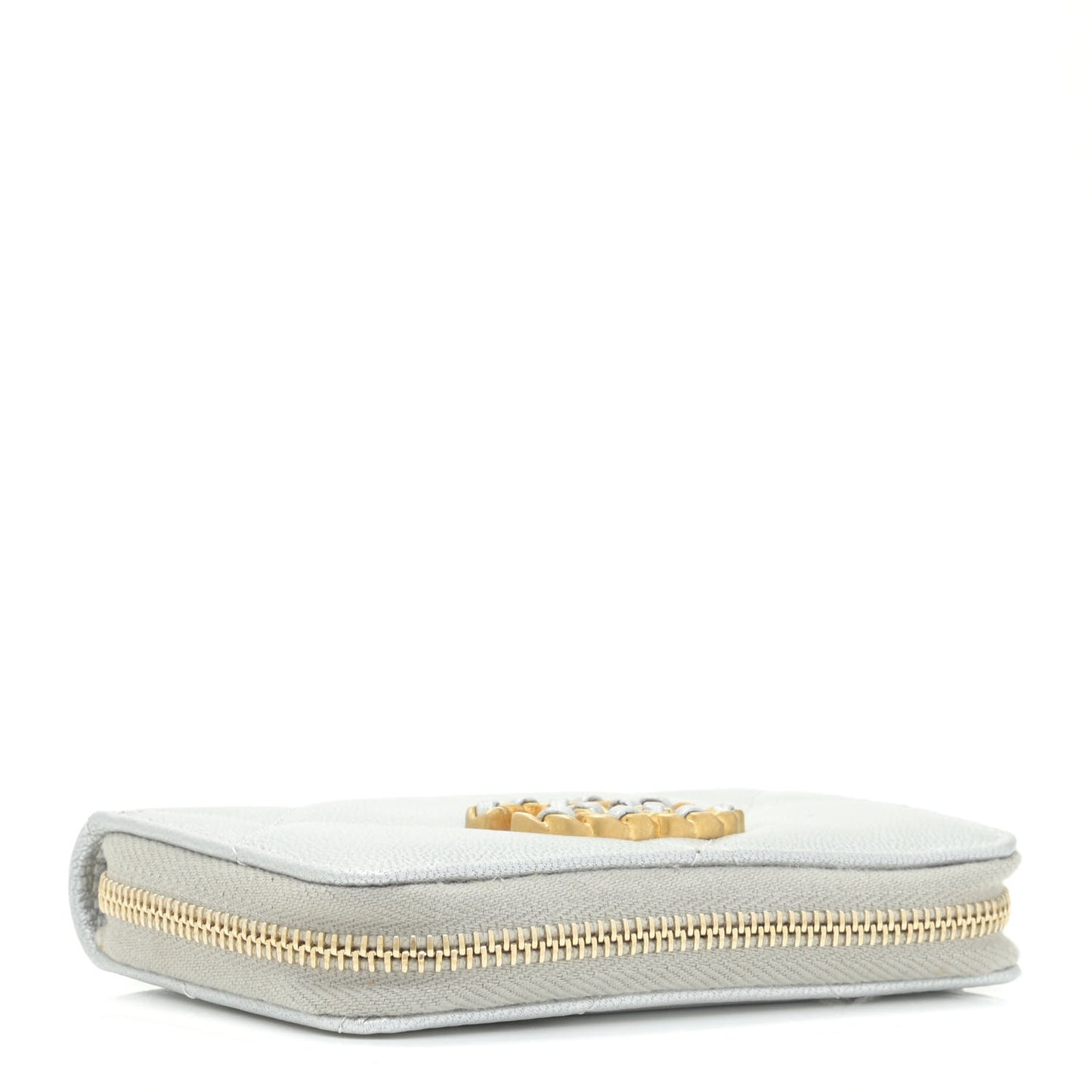 Metallic Lambskin Quilted 19 Zip Around Coin Purse Wallet Silver