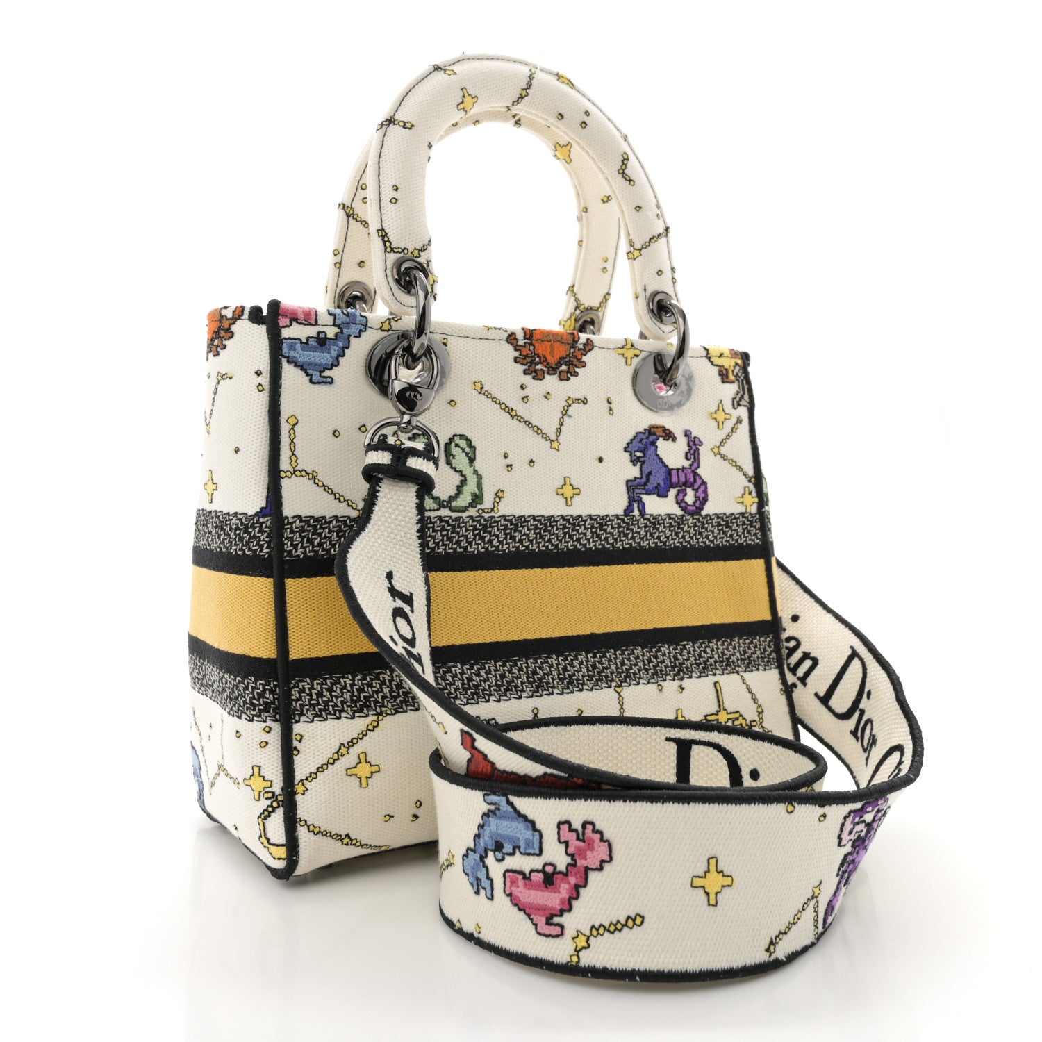 Christian Dior Canvas Pixel Zodiac Embroidered Medium Lady D-Lite Ecru Multicolor 3 of 14