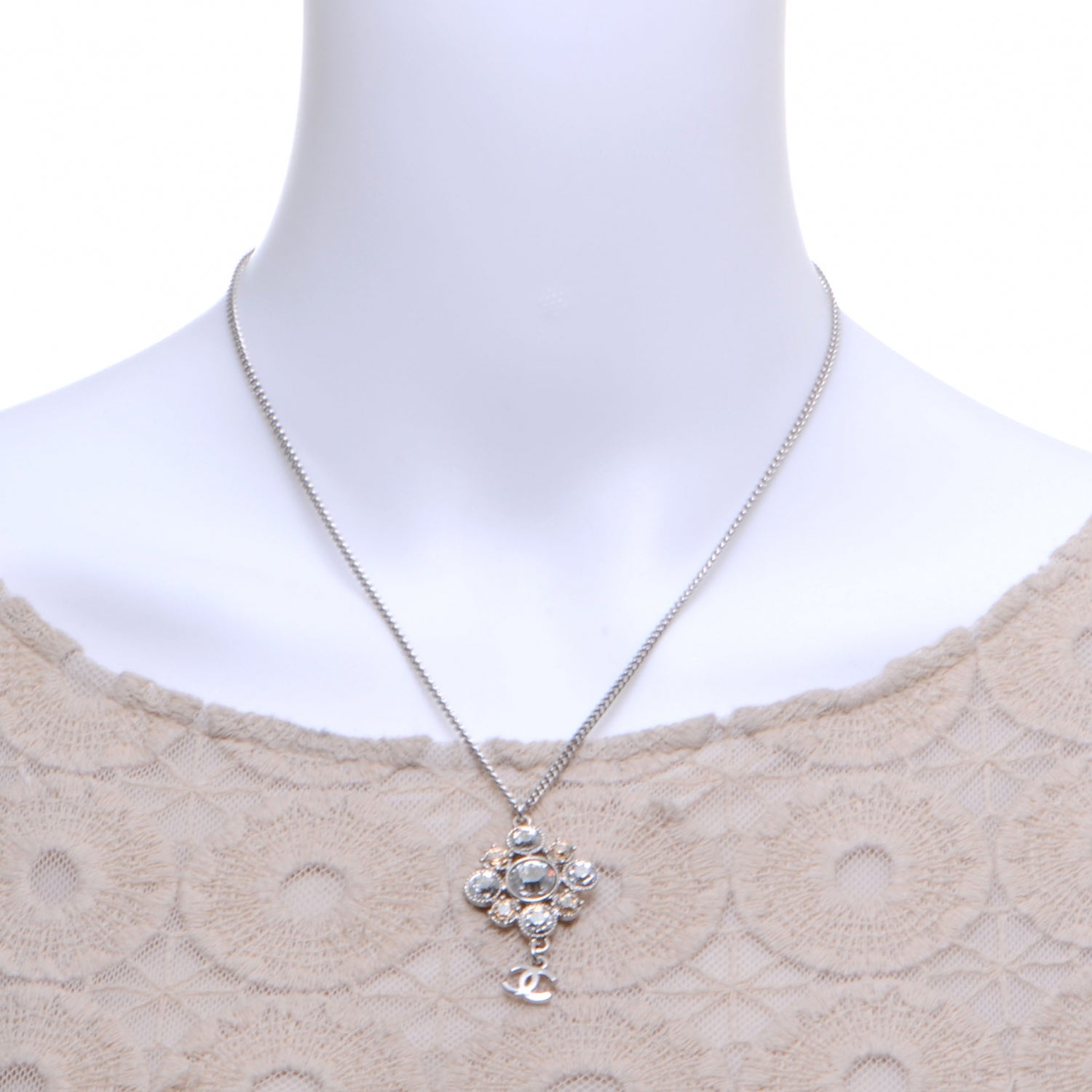 Chanel Crystal CC Dangle Necklace Silver 2 of 5