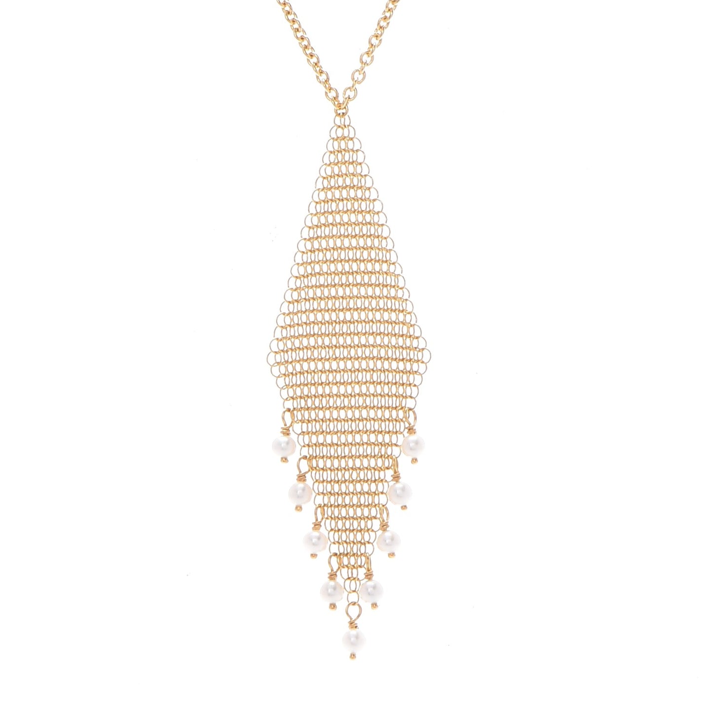 18K Yellow Gold Pearl Elsa Peretti Mesh Fringe Pendant Necklace