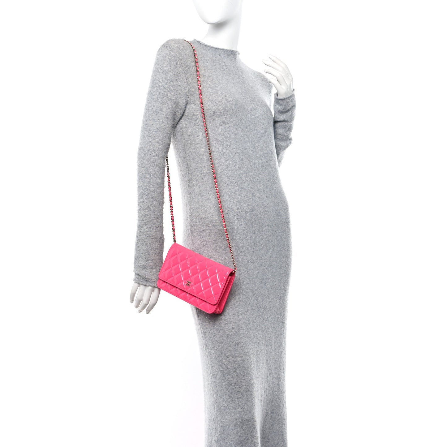 Patent Calfskin Quilted Wallet On Chain WOC Neon Pink