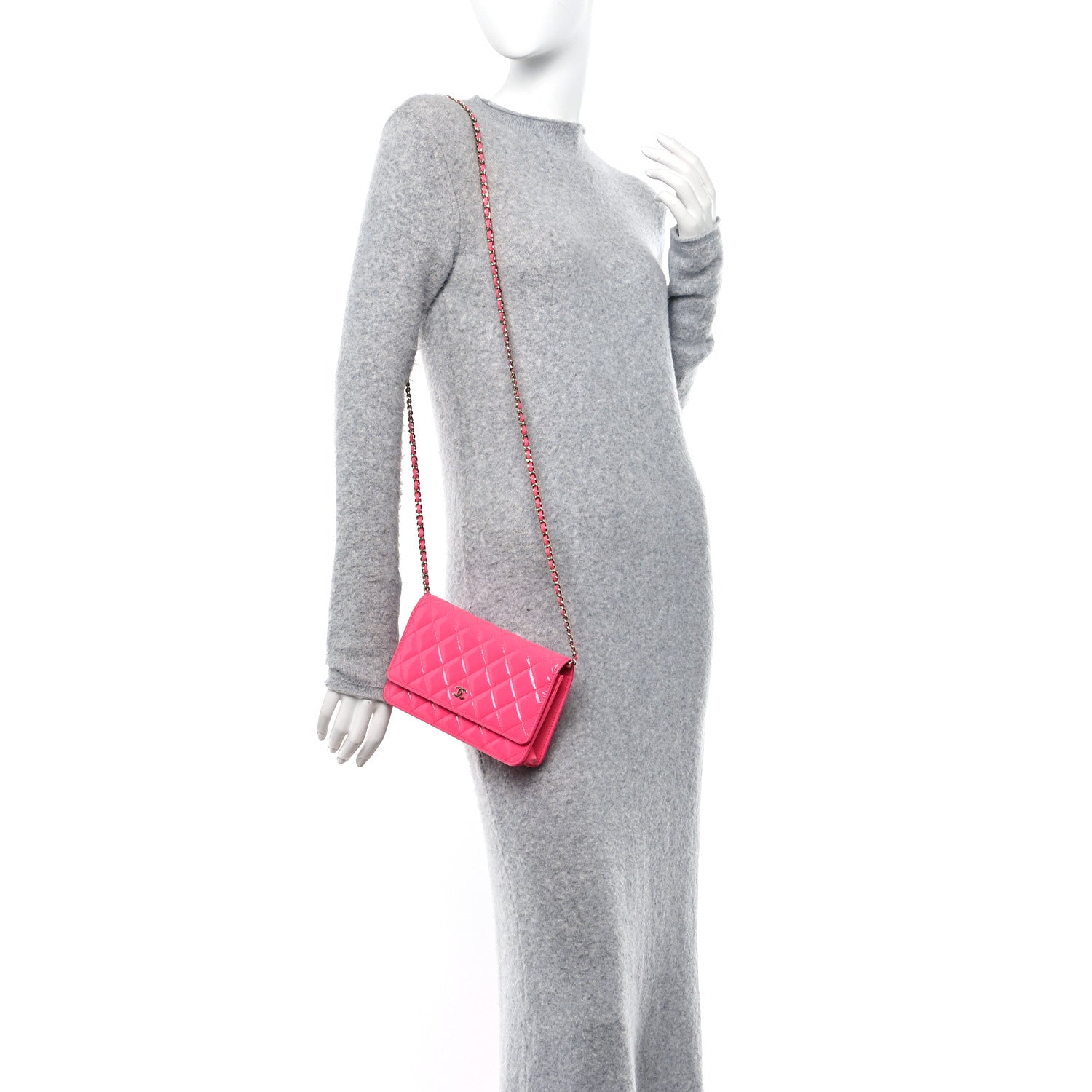 Chanel Patent Calfskin Quilted Wallet On Chain WOC Neon Pink 2 of 12