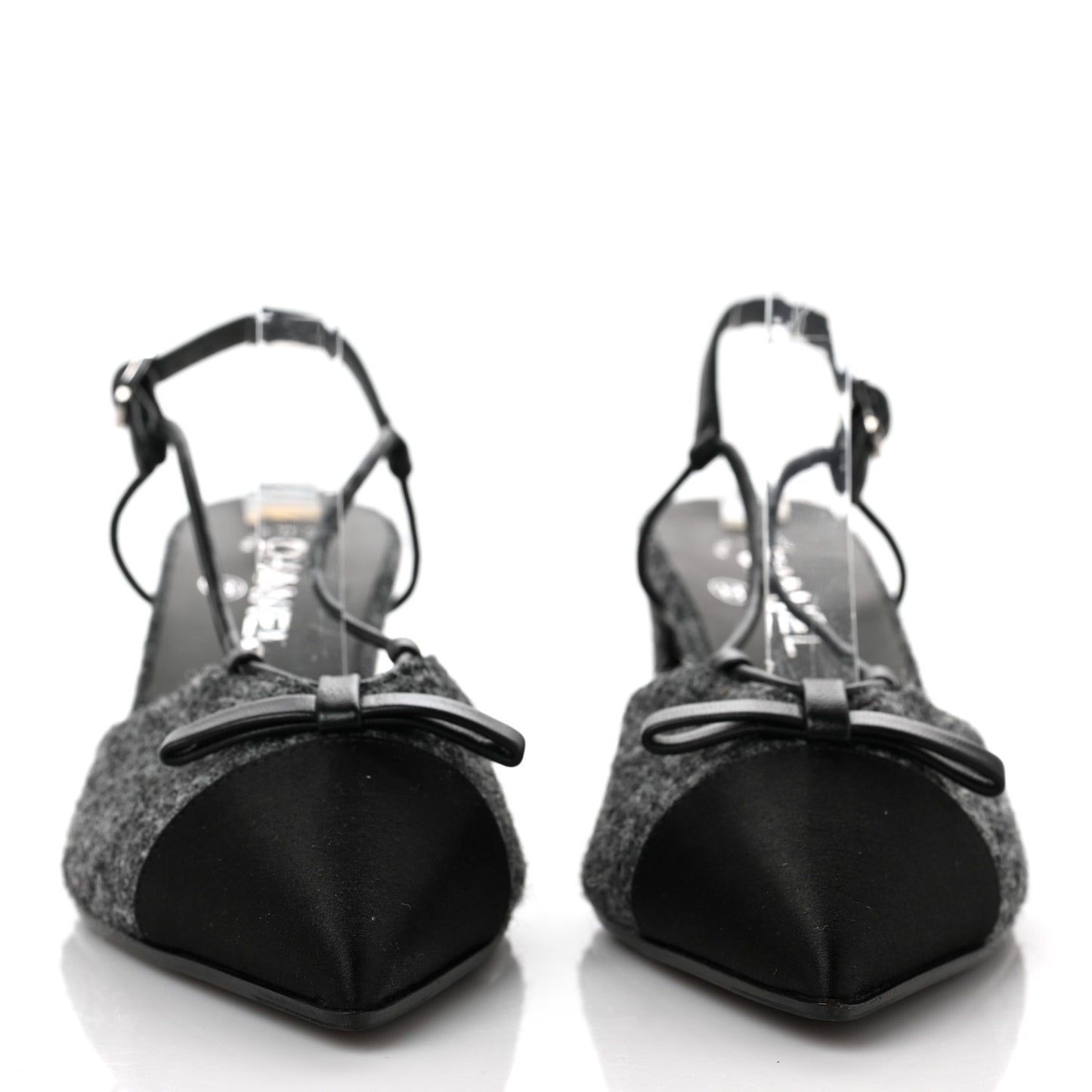 Tweed Satin Slingback Cap Toe Bow Pumps 39 Grey Black