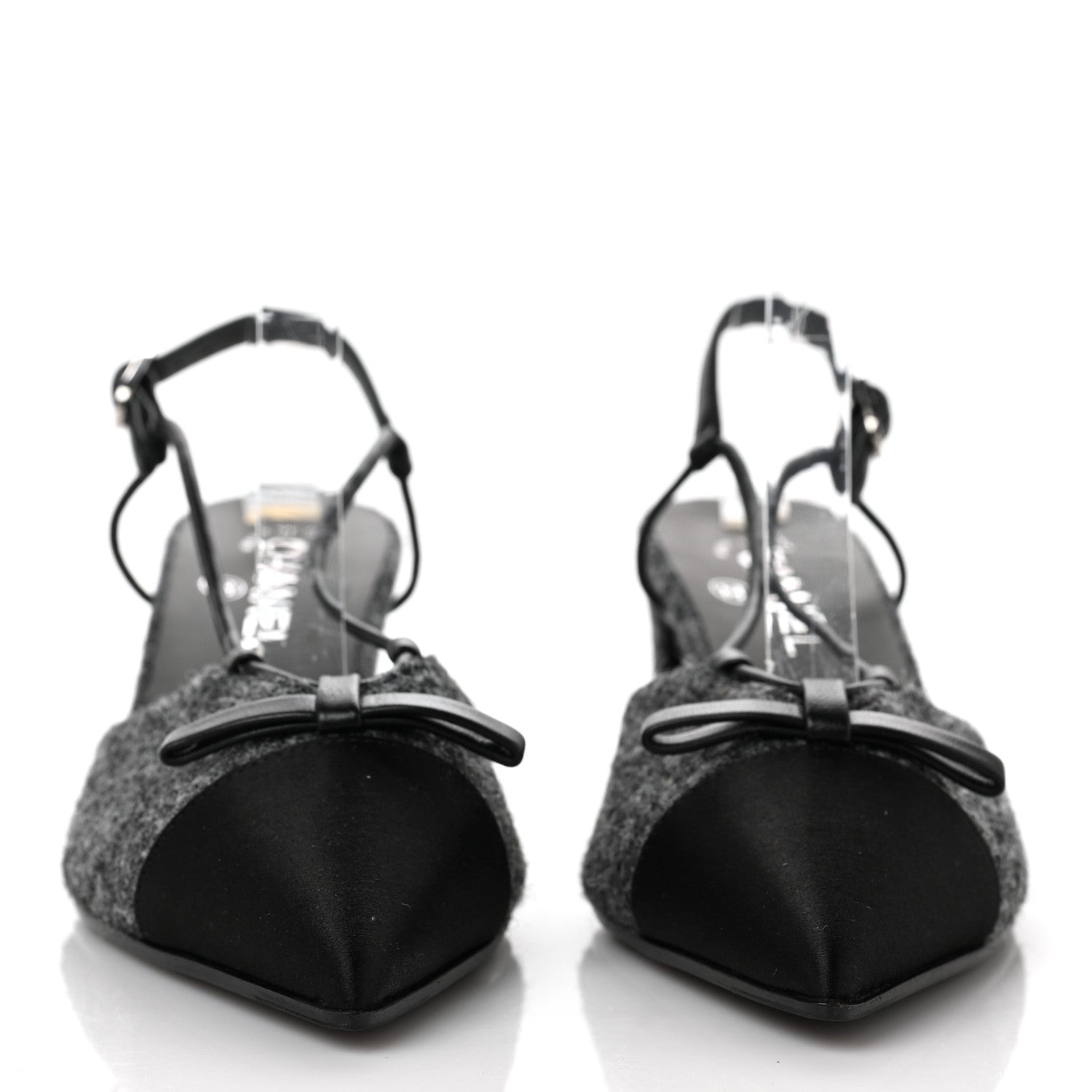 Chanel Tweed Satin Slingback Cap Toe Bow Pumps 39 Grey Black 2 of 9
