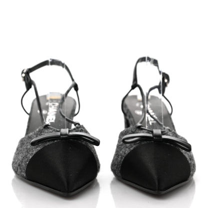 Chanel Tweed Satin Slingback Cap Toe Bow Pumps 39 Grey Black 2 of 9