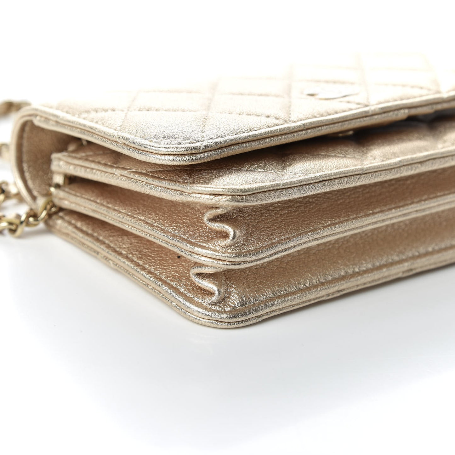 Metallic Lambskin Quilted Mini Wallet On Chain WOC Gold