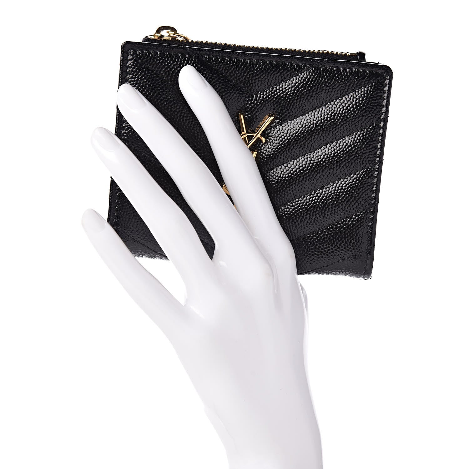 Saint Laurent Grain De Poudre Matelasse Chevron Monogram Zipped Card Case Black 2 of 8