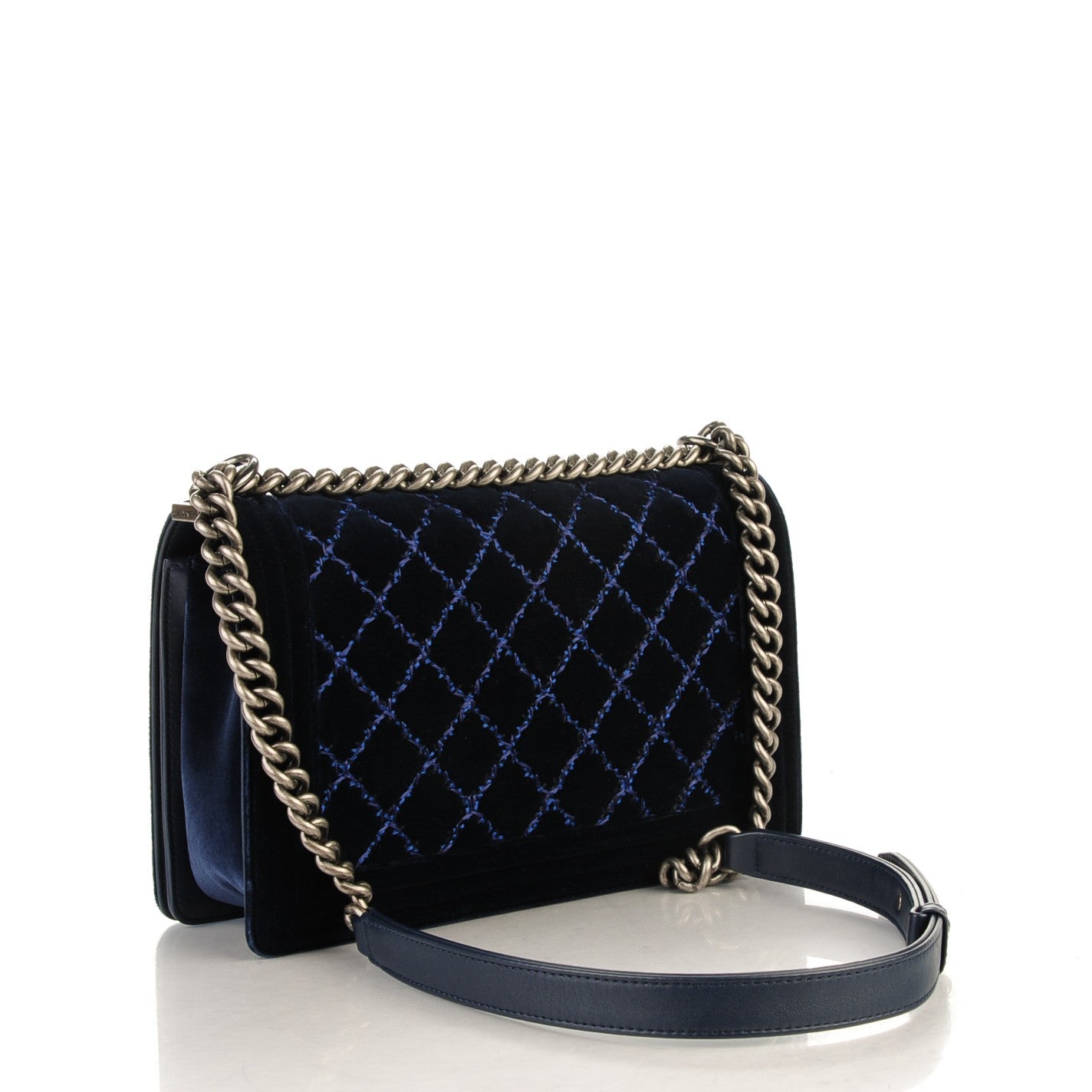 Velvet Quilted New Medium Boy Flap Dark Navy Blue