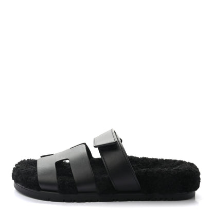 Hermes Calfskin Woolskin Womens Chypre Sandals 37 Black 1 of 9