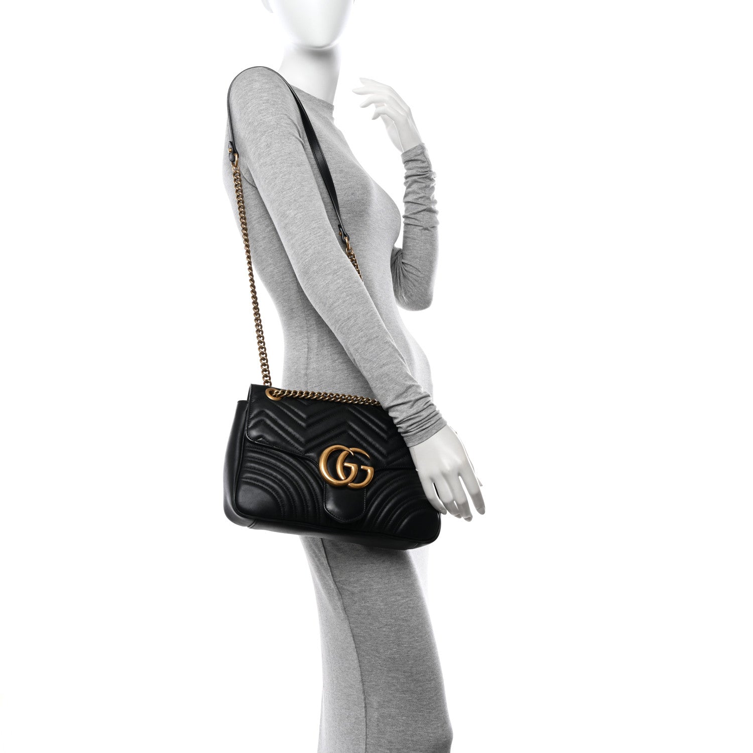 Gucci Calfskin Matelasse Medium GG Marmont Shoulder Bag Black 2 of 12