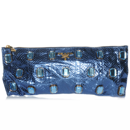 Prada Metallic Snakeskin Jeweled Clutch Denim 1 of 8