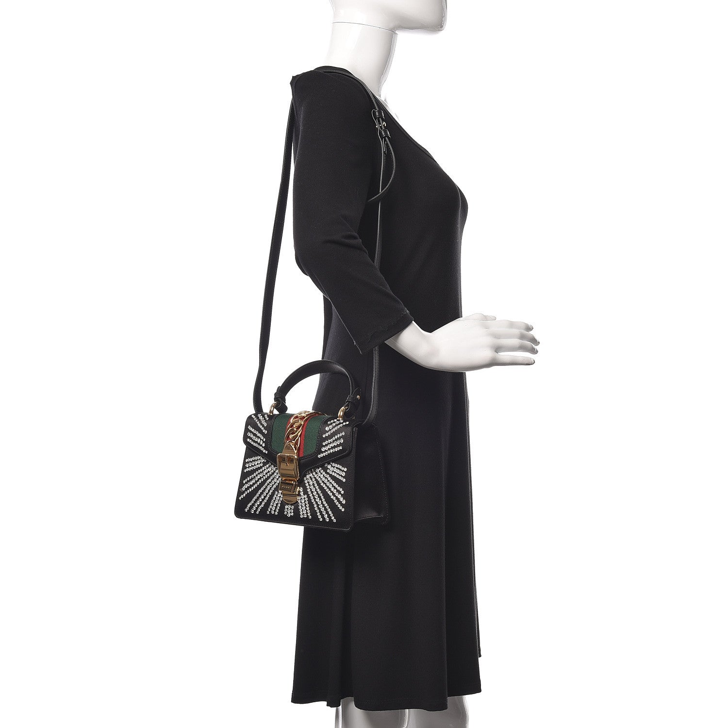 Gucci Satin Crystal Mini Sylvie Top Handle Bag Black 3 of 17