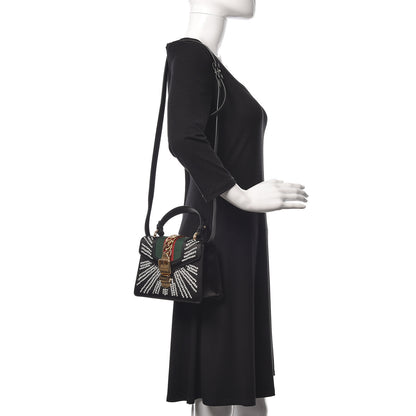 Gucci Satin Crystal Mini Sylvie Top Handle Bag Black 3 of 17