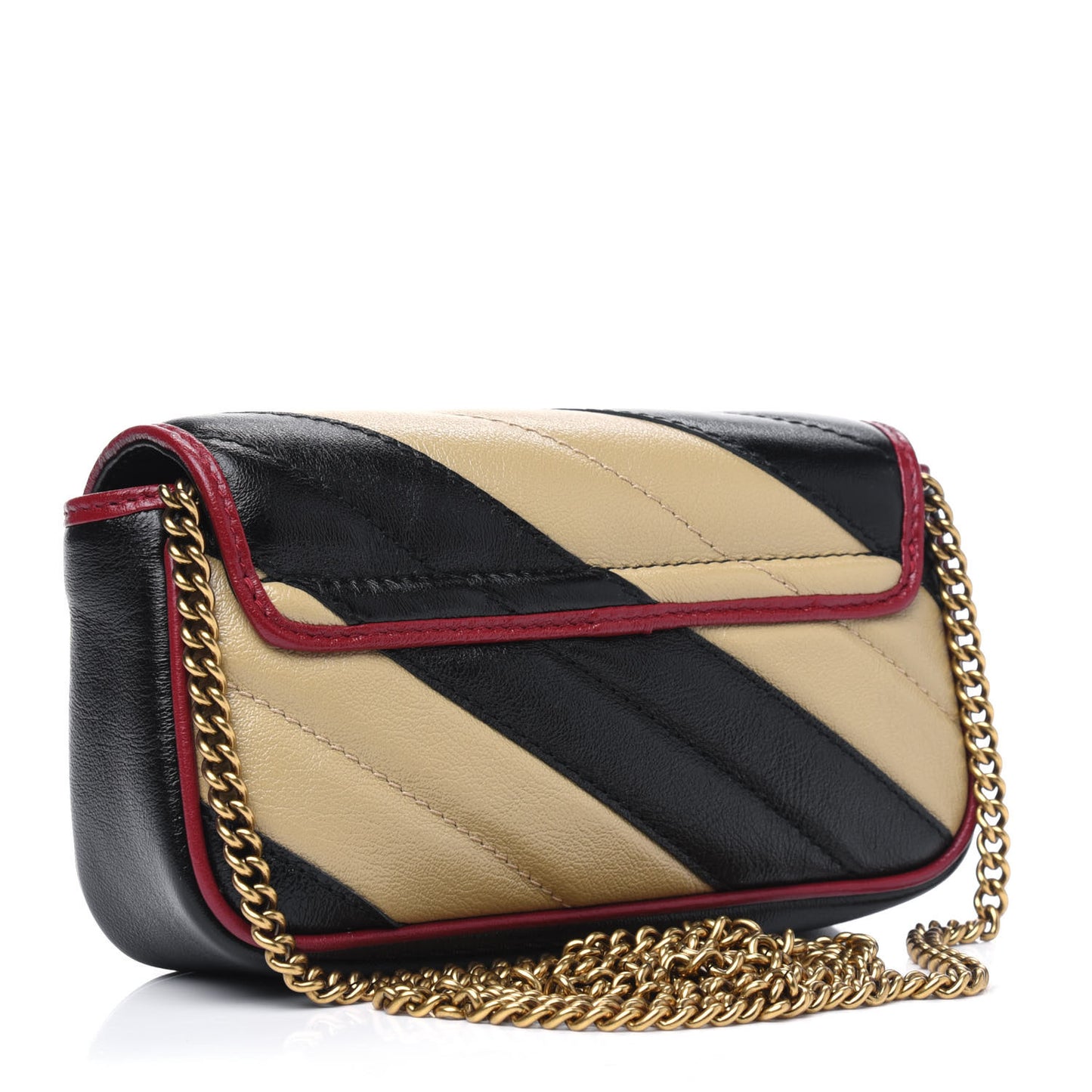 Vintage Effect Calfskin Matelasse Diagonal Striped Super Mini Torchon GG Marmont Shoulder Bag Black Beige